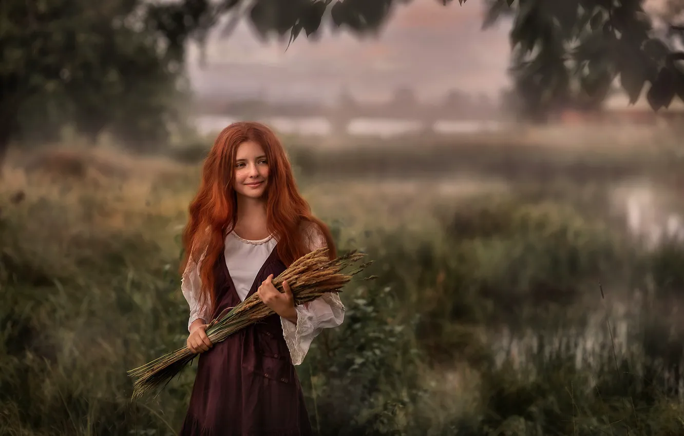 Photo wallpaper summer, girl, nature, fog, ears, red, grass, Pipkin Oksana