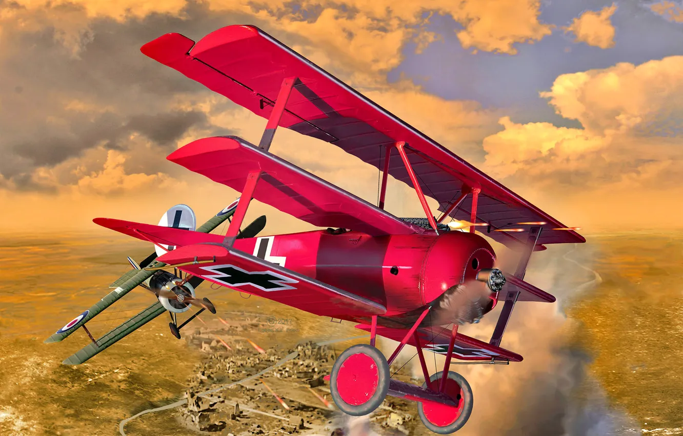 Photo wallpaper Biplane, Dogfight, Sopwith Camel, Triplane, The first World war, Fokker DR.I, Rotative engine