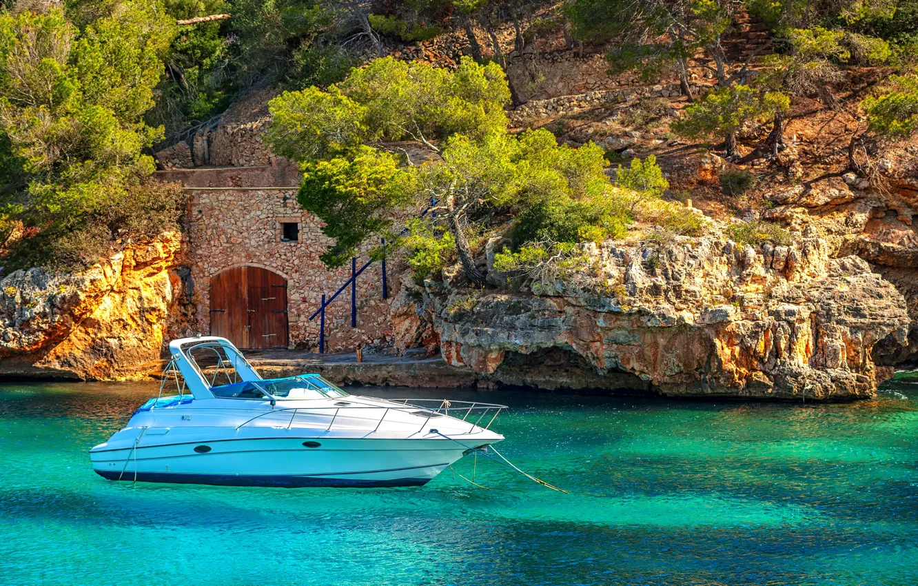 Photo wallpaper sea, rocks, yacht, Spain, sea, Spain, Mallorca, Mediterranean