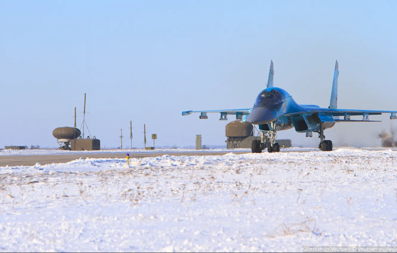 Photo wallpaper snow, The plane, the airfield, su-34, Fullback, Sukhoi, The Russian air force, Soviet/Russian bomber