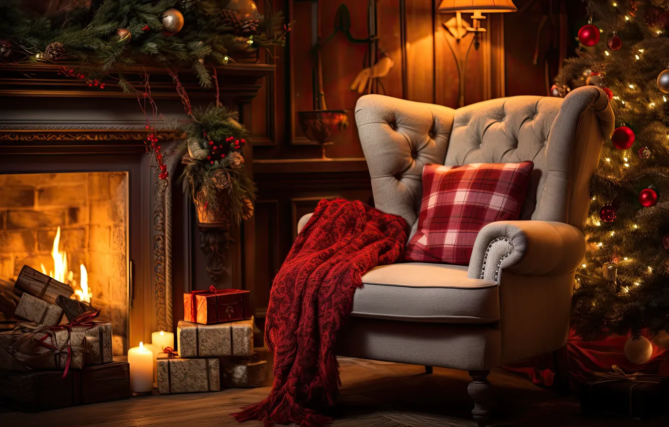 Photo wallpaper decoration, room, gift, balls, tree, new year, interior, chair