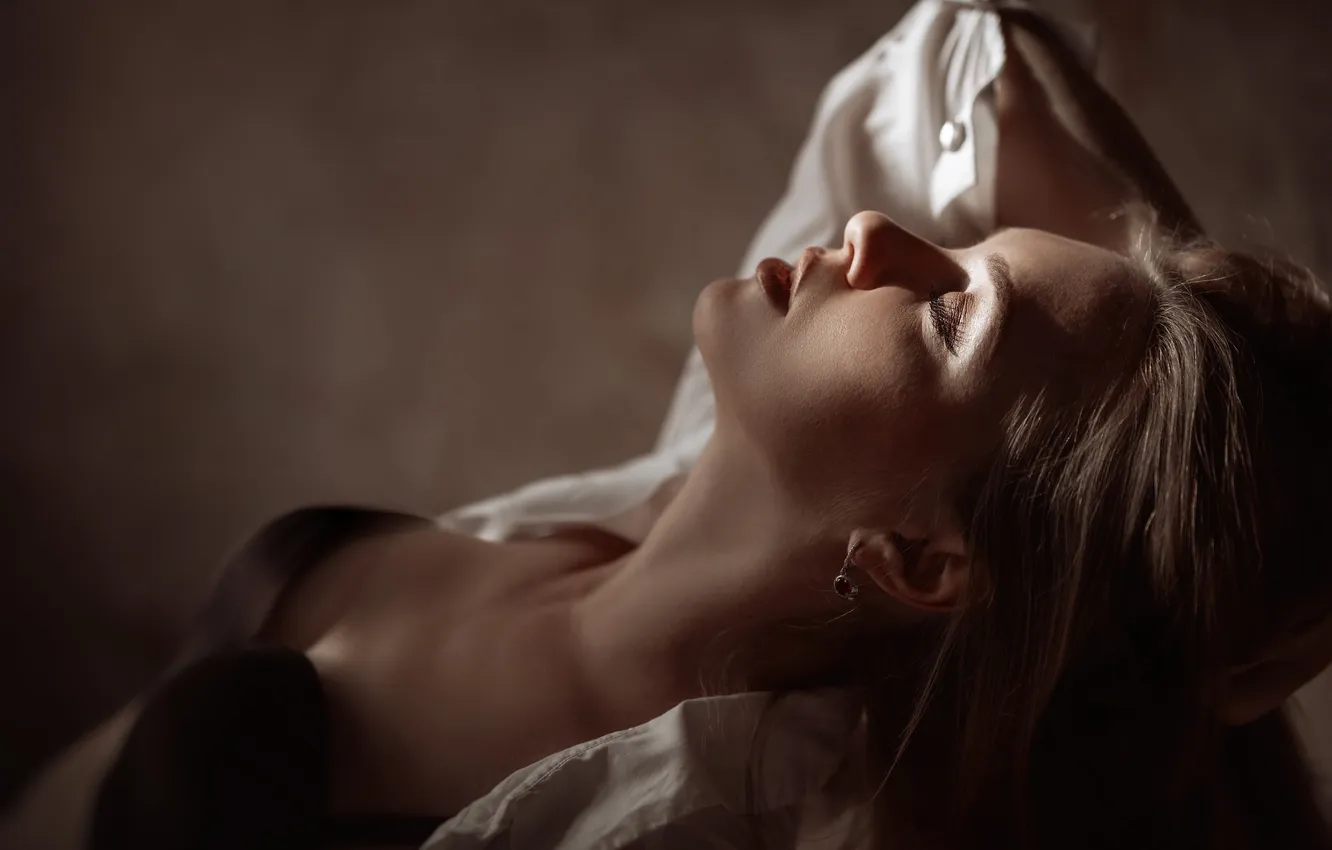 Photo wallpaper girl, model, blonde, black bra, makeup, red lipstick, white shirt, closed eyes