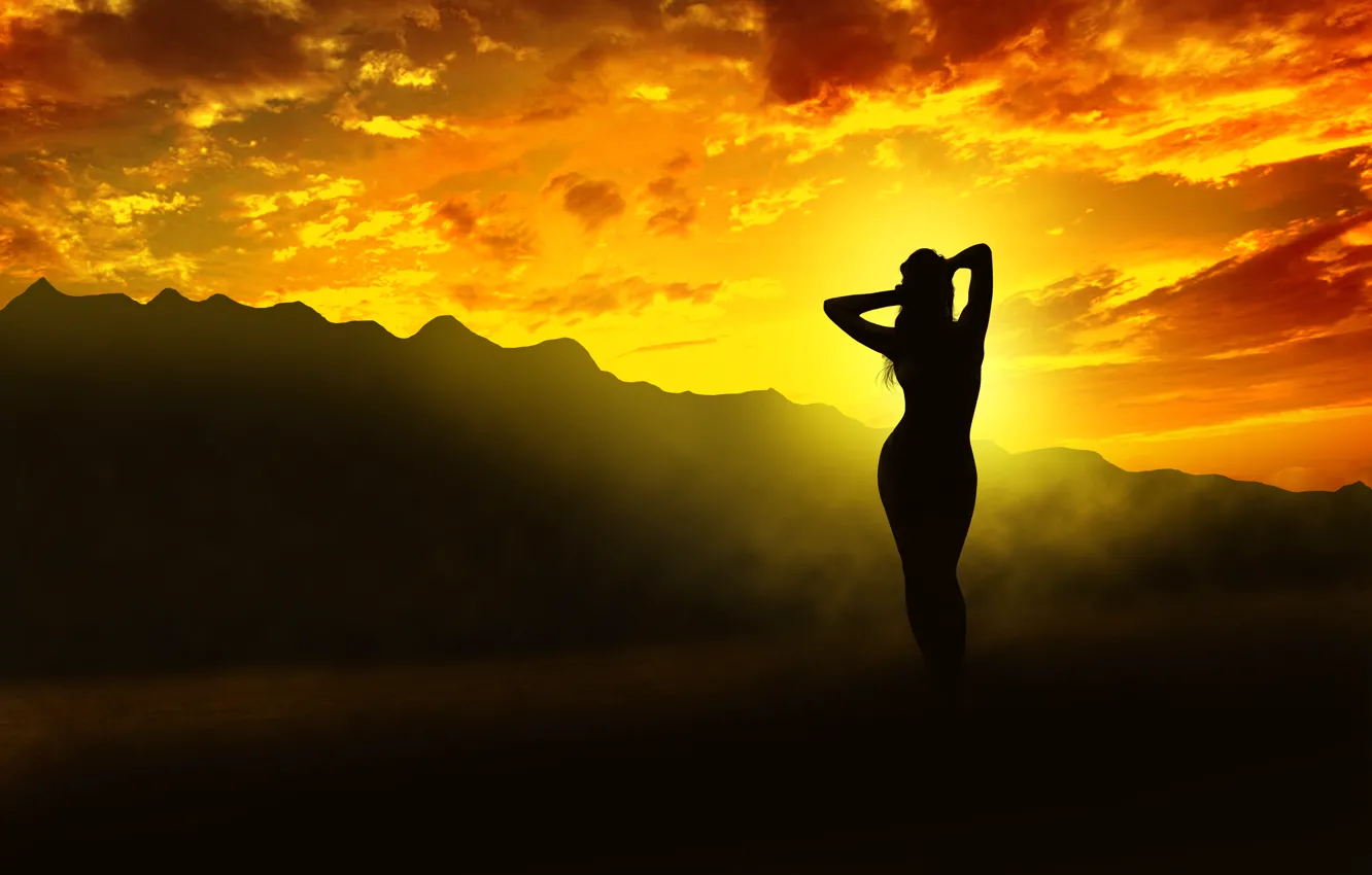 Photo wallpaper girl, light, sunset, mountains