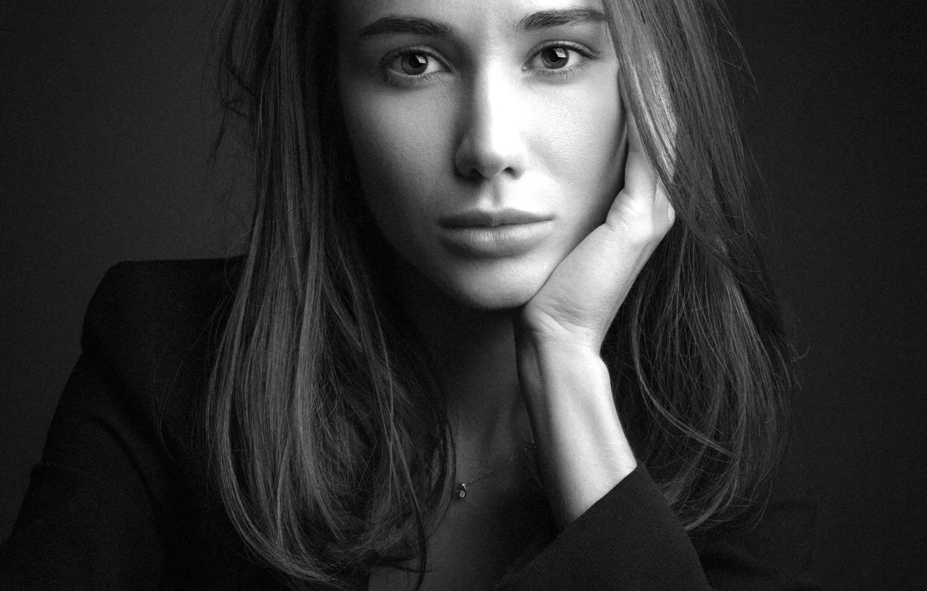 Photo wallpaper black & white, girl, photo, monochrome, model, face, b&w, portrait