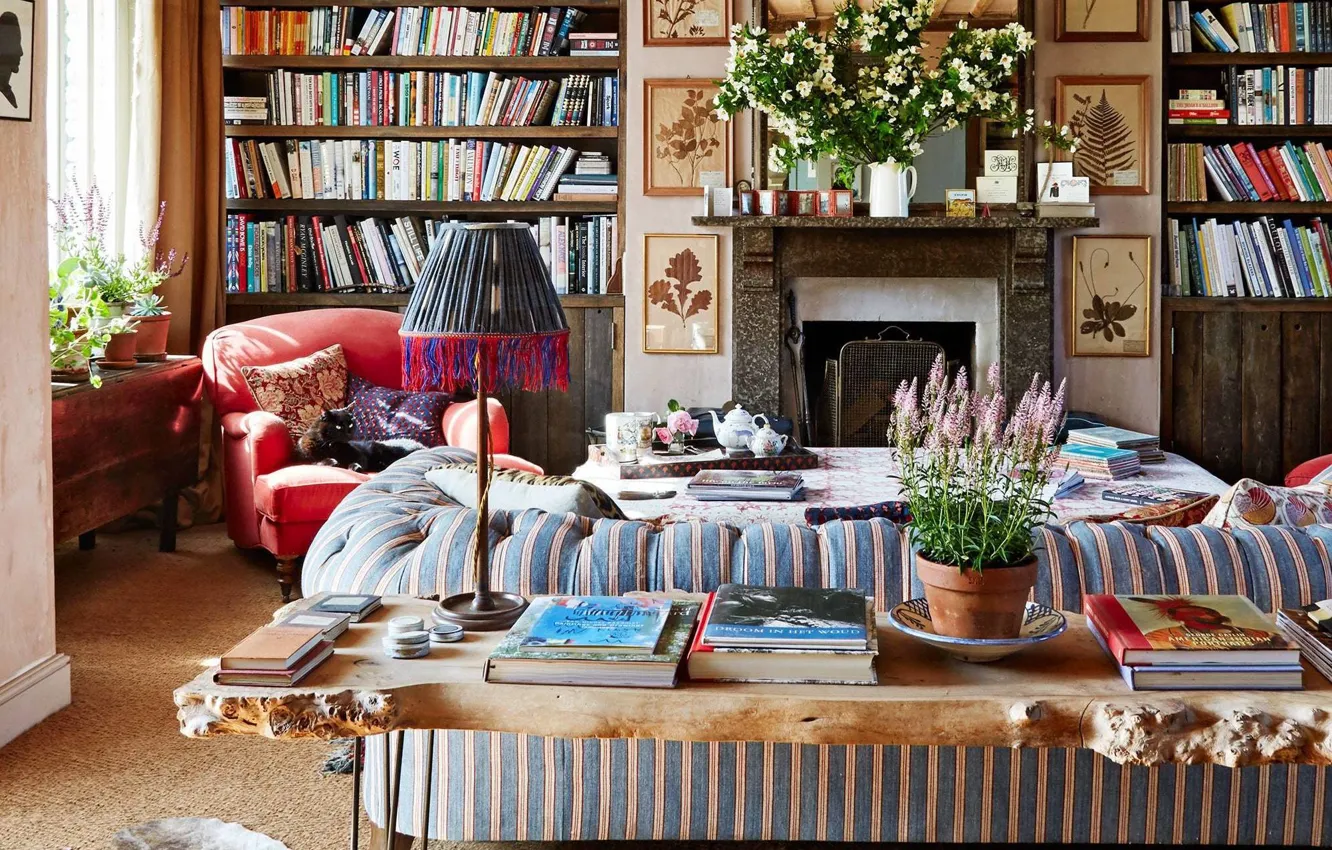 Photo wallpaper style, library, interior, living room, England-home, Amanda Brooks, fireplace, design