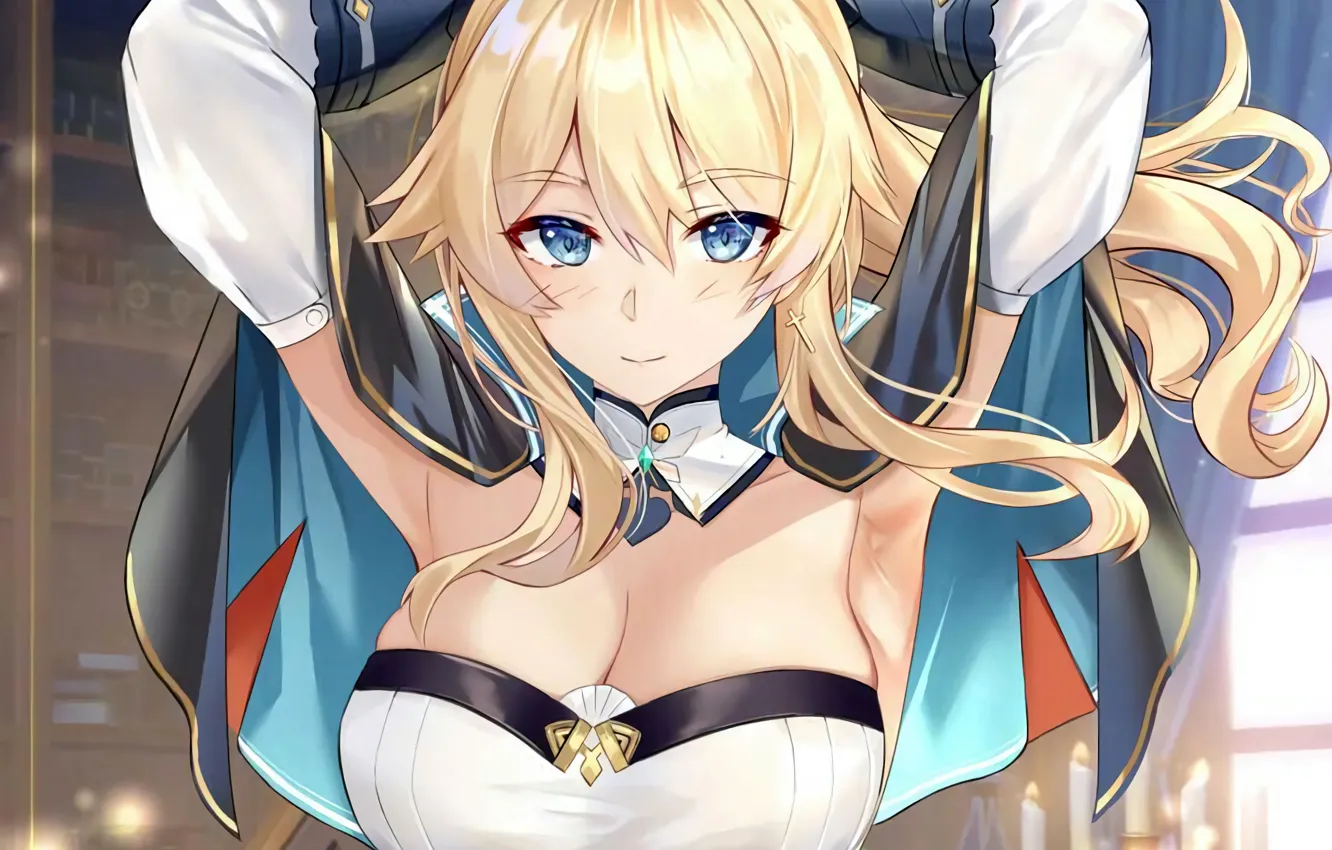 Photo wallpaper girl, sexy, cleavage, blouse, long hair, boobs, anime, blue eyes