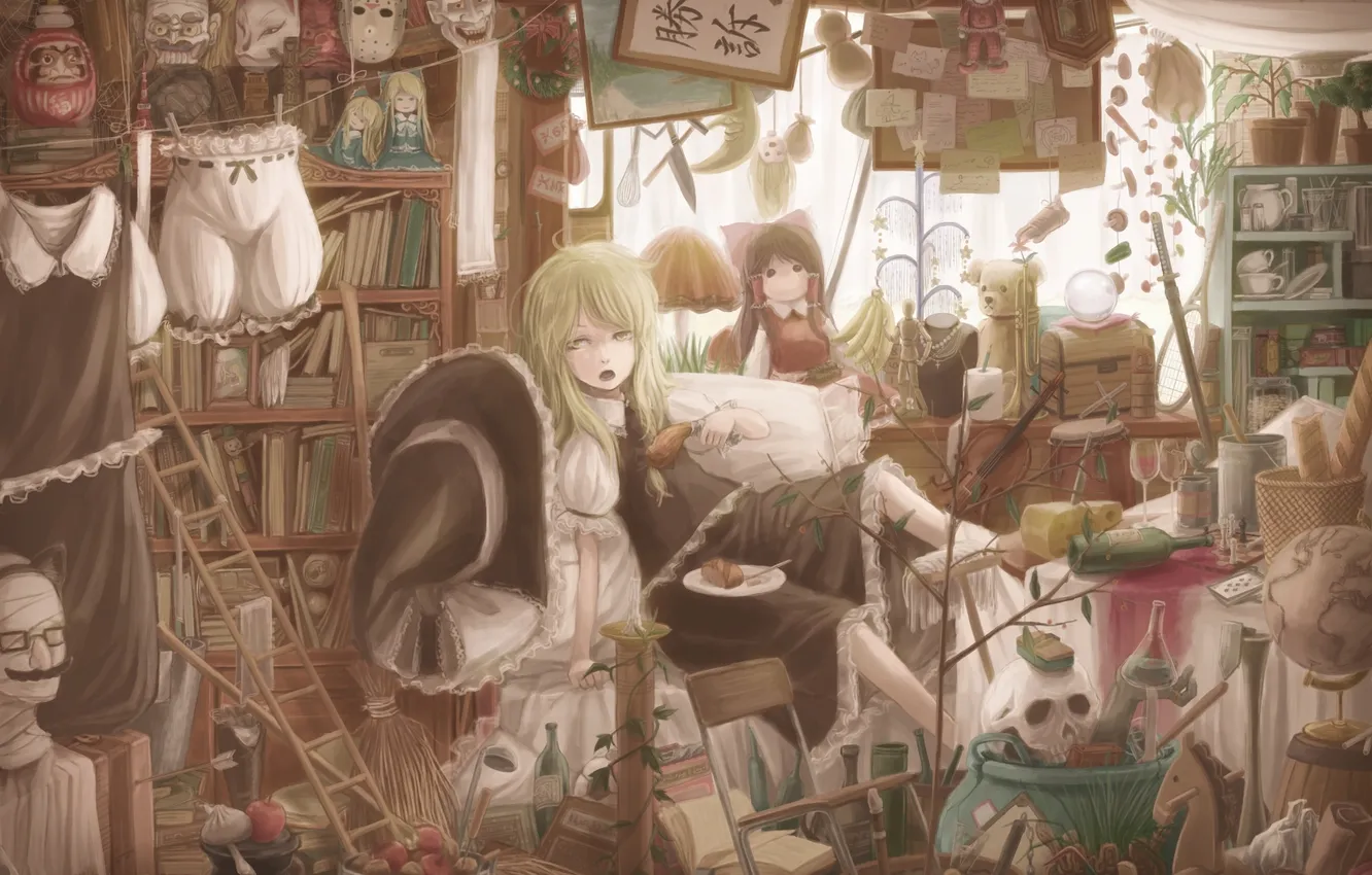 Photo wallpaper girl, room, mess, food, doll, indifference, Shanghai, touhou