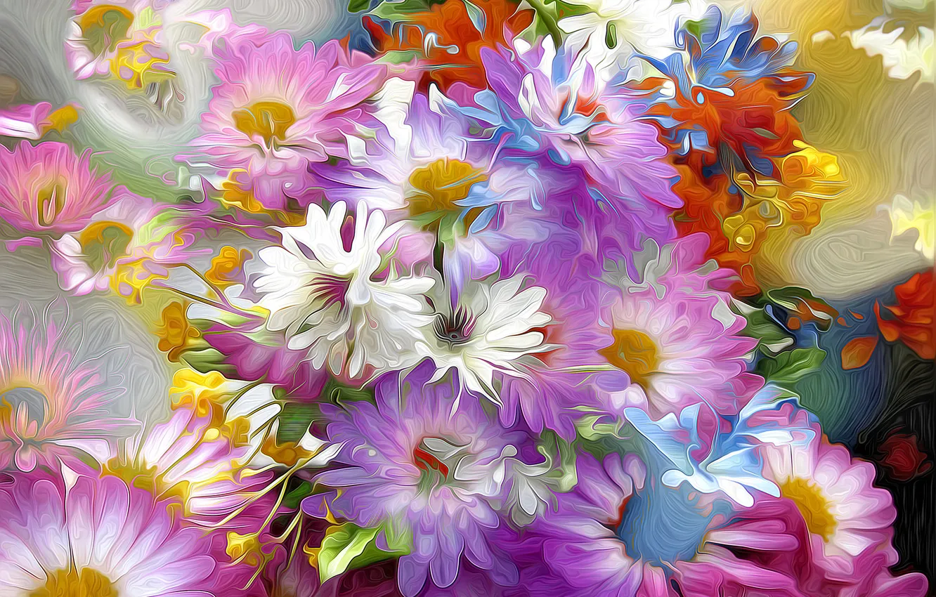 Photo wallpaper line, flowers, rendering, paint, petals