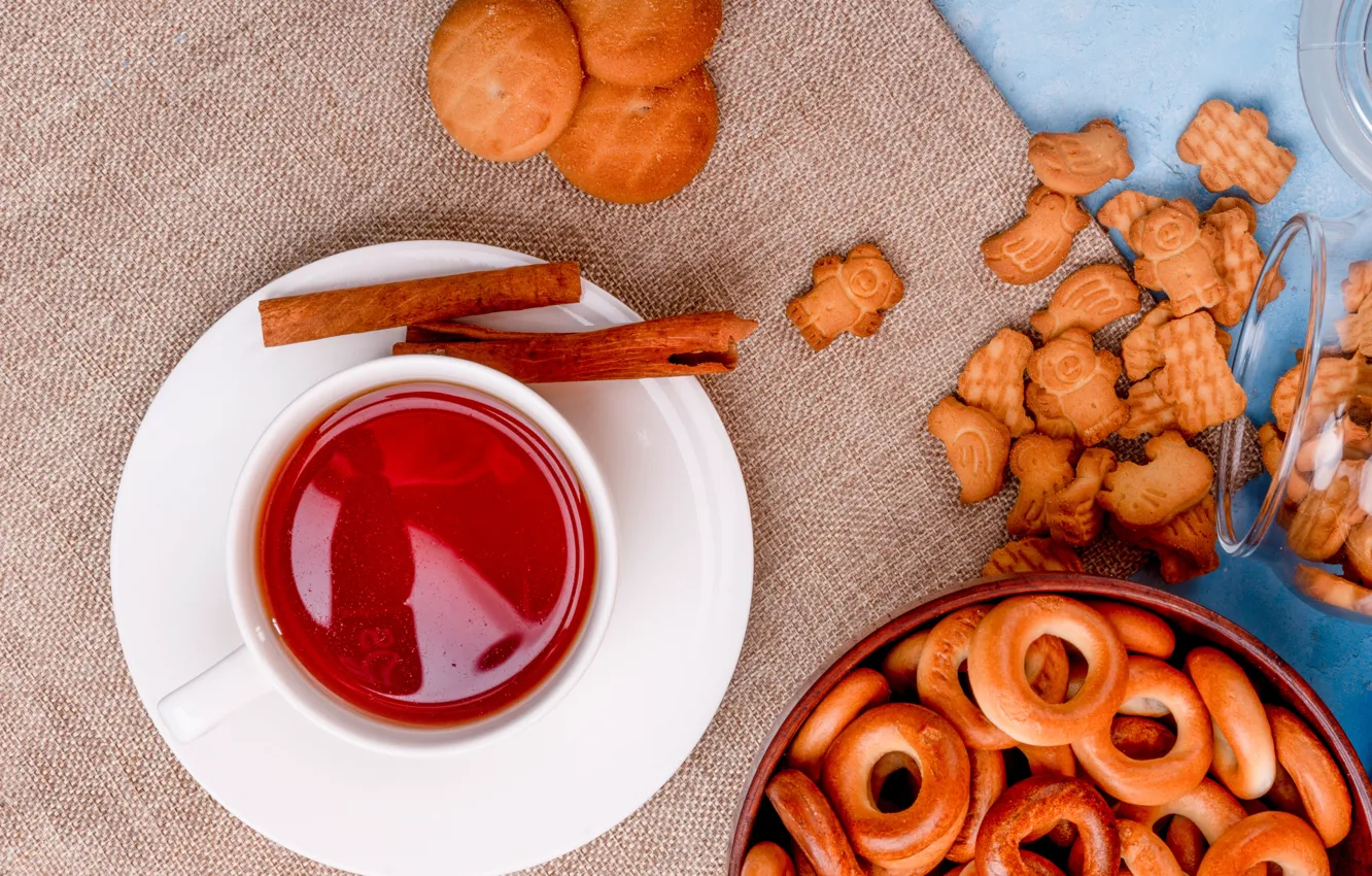 Photo wallpaper tea, cookies, Cup, cinnamon, burlap, bagels