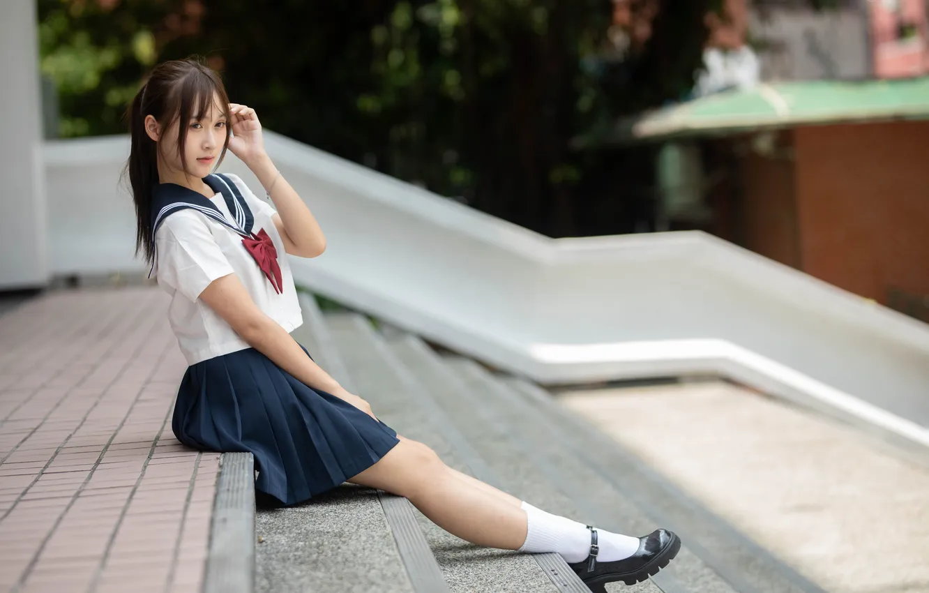 Photo wallpaper girl, schoolgirl, legs, Asian, uniform