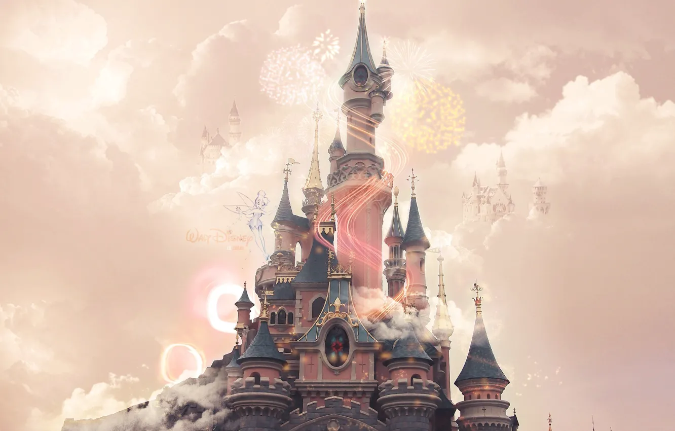 Photo wallpaper Disney, pink, clouds, castle, Disneyland