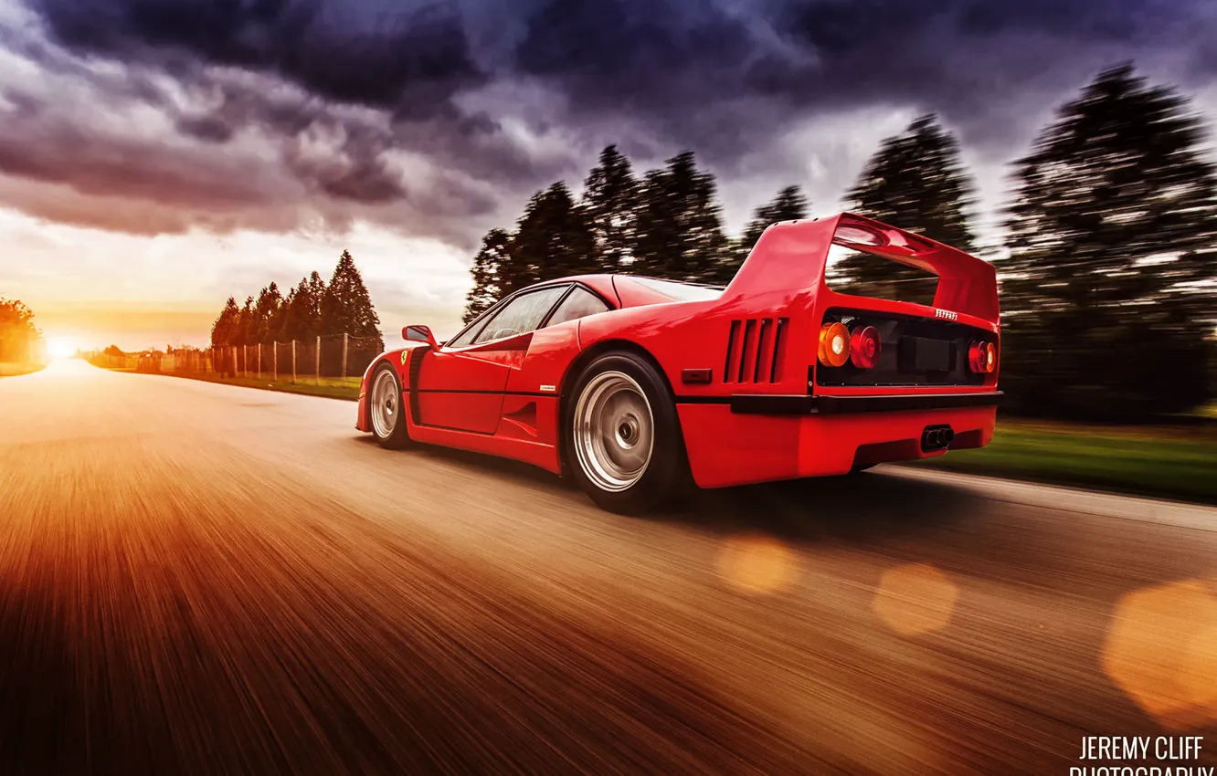 Photo wallpaper road, light, red, clouds, glare, speed, Ferrari, F40