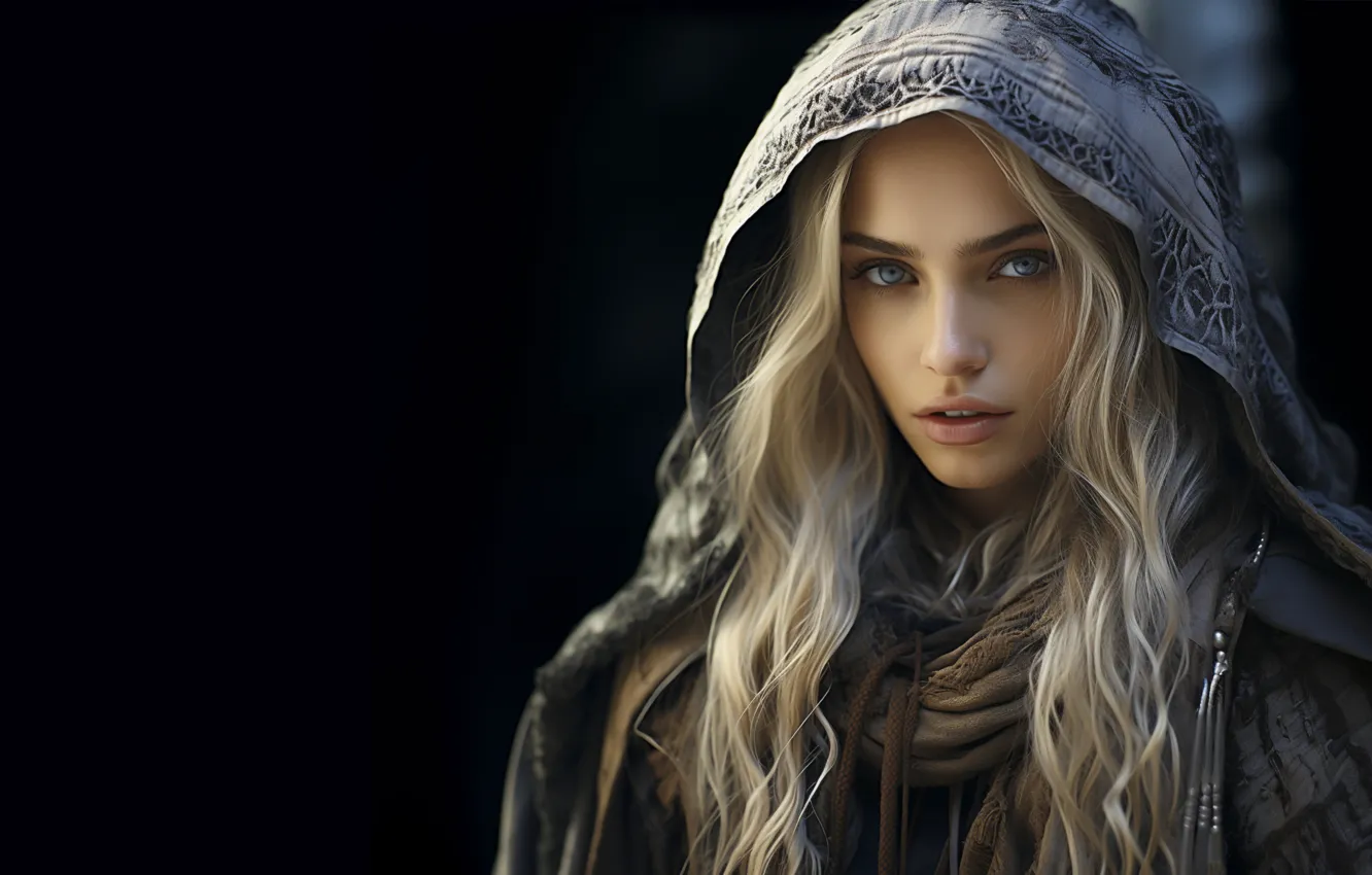 Photo wallpaper look, girl, portrait, blonde, hood, image, black background, cloak