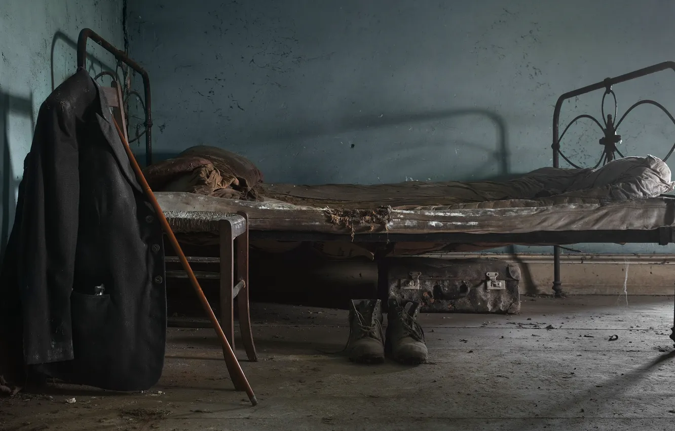 Photo wallpaper bed, boots, chair, cane, suitcase, jacket, naturalism
