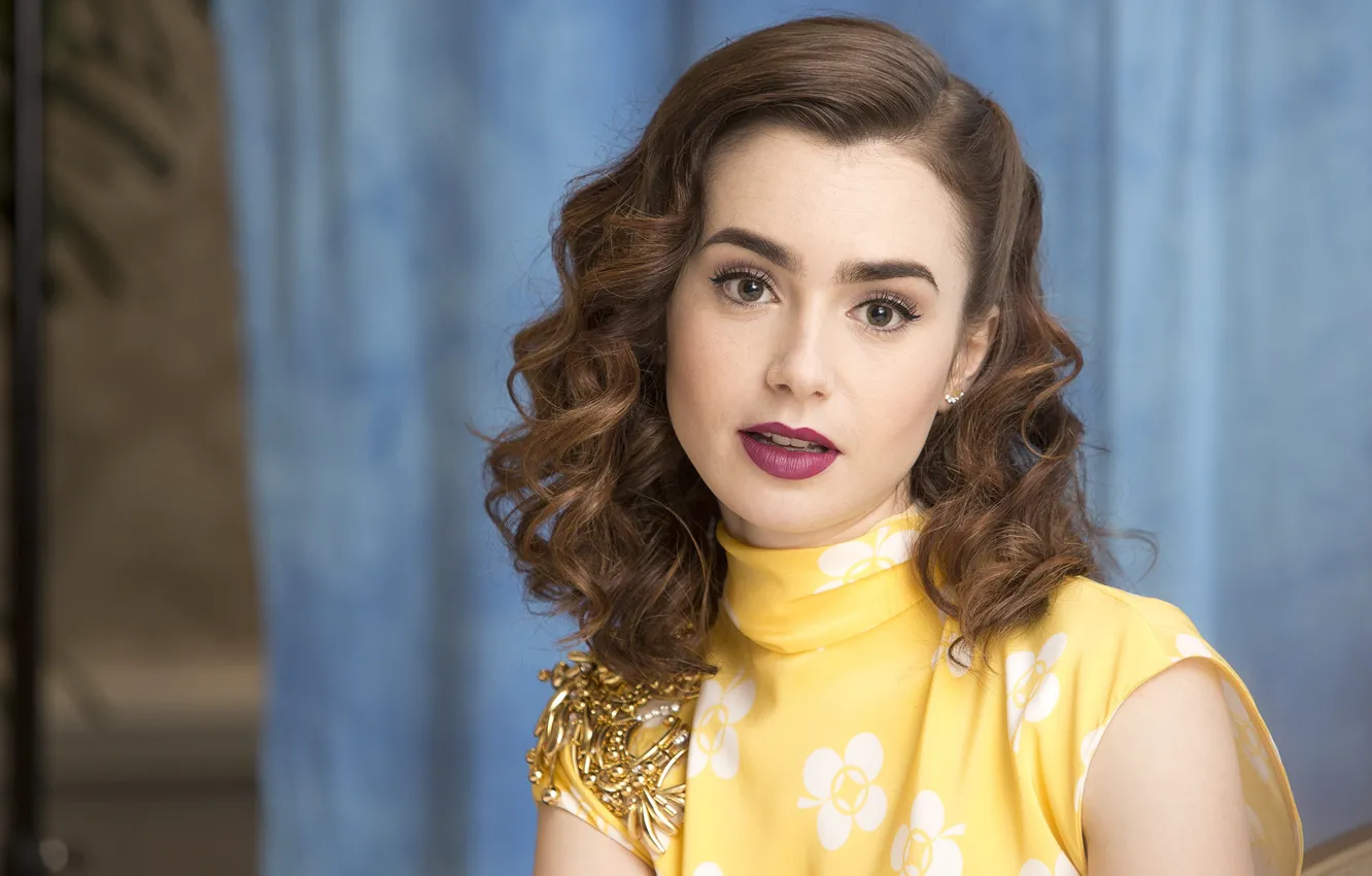 Photo wallpaper look, girl, makeup, blouse, Lily Collins