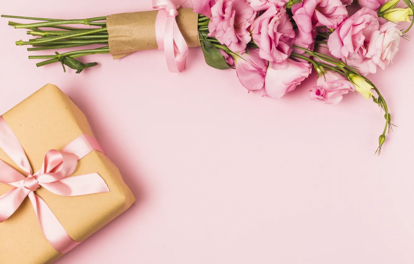 Photo wallpaper flowers, background, gift, bouquet, pink, pink, flowers, eustoma