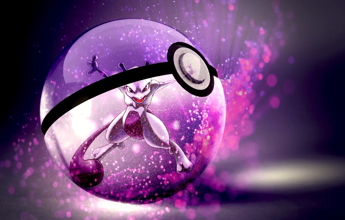 Photo wallpaper tail, red eyes, open mouth, pokemon, pokeball, mewtwo