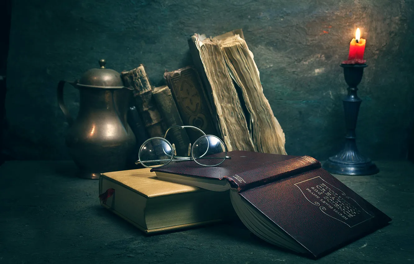 Photo wallpaper books, candle, glasses, Source of knowledge