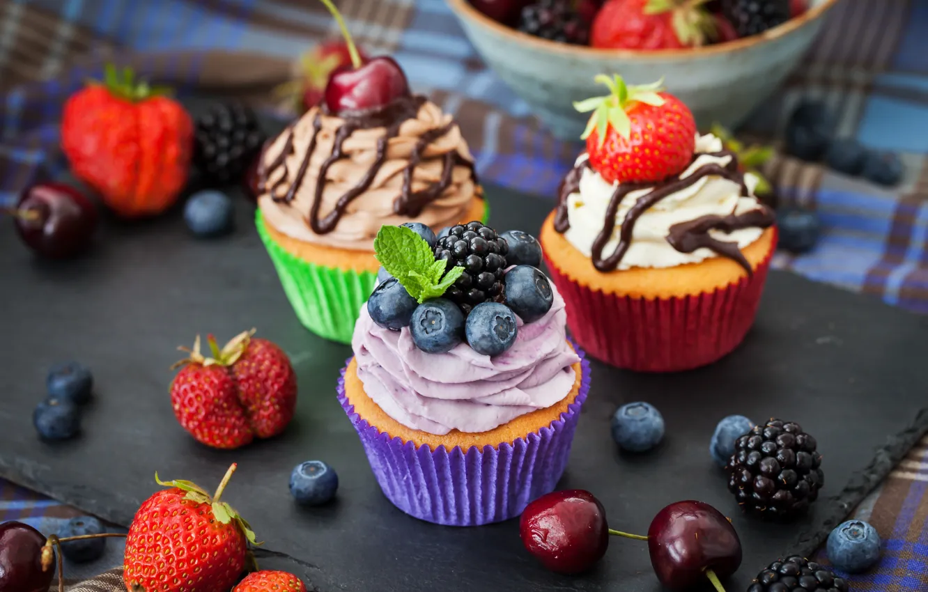Photo wallpaper berries, chocolate, cream, cakes, cupcakes, cupcakes
