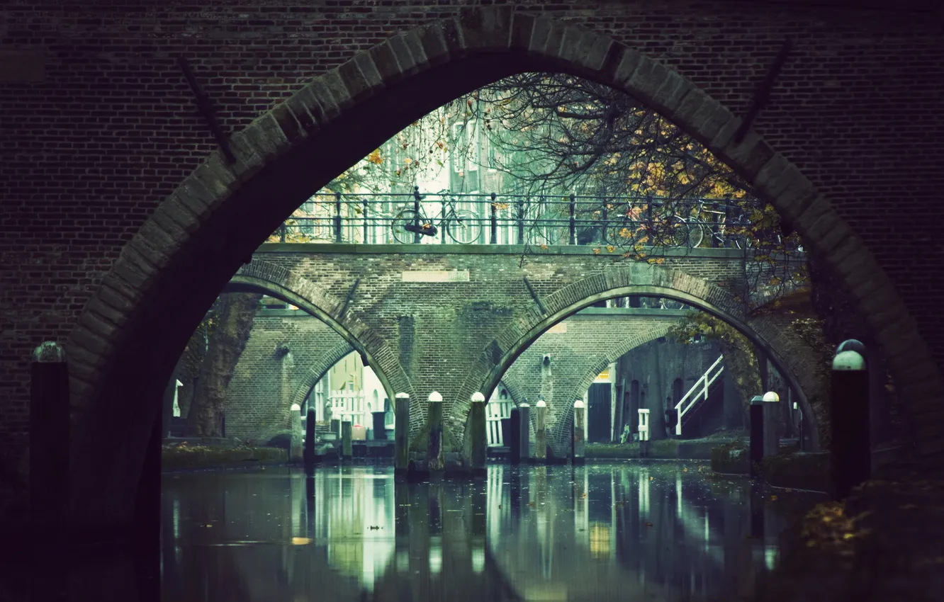 Photo wallpaper autumn, bike, river, bridges