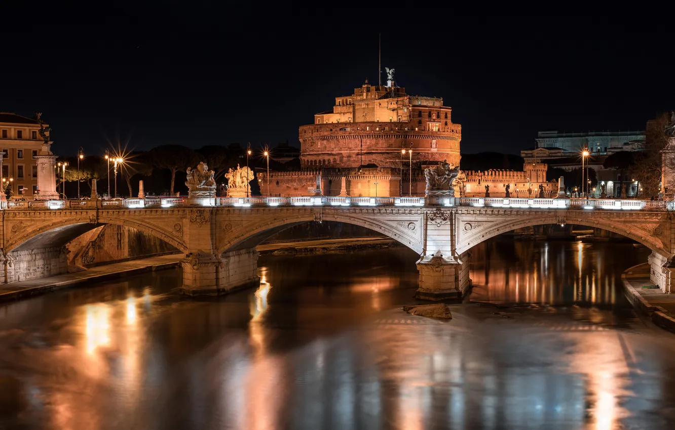 Photo wallpaper night, bridge, lights, river, Rome, Italy, The Tiber, Castel Sant'angelo