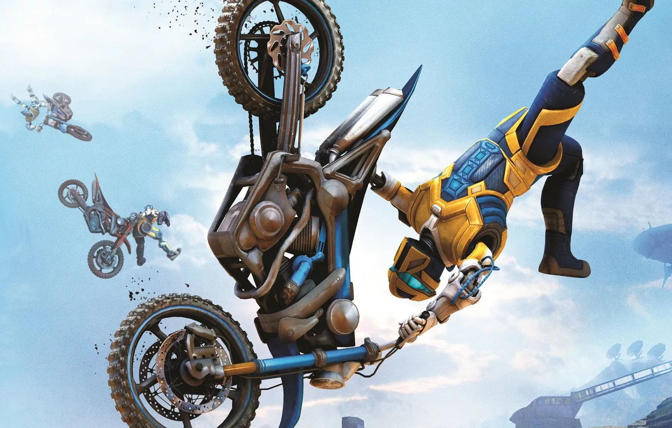 Photo wallpaper the sky, clouds, robot, home, wheel, dirt, motorcycle, tires