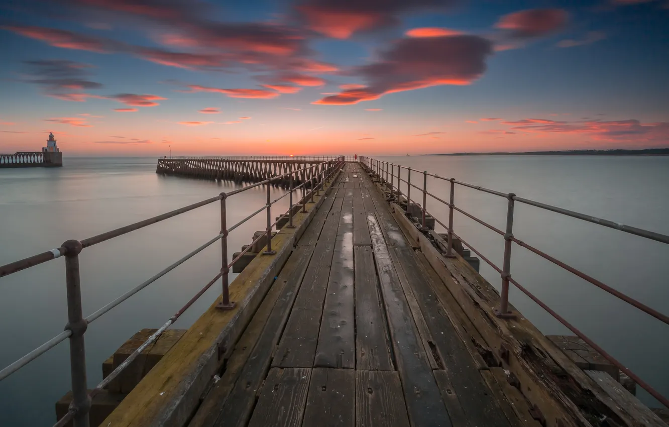 Photo wallpaper sea, sunset, bridge