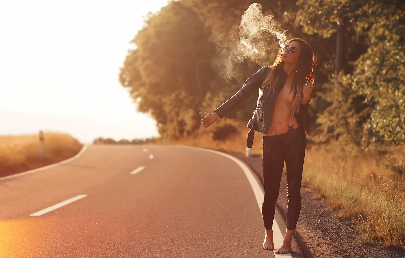 Photo wallpaper road, girl, smoke