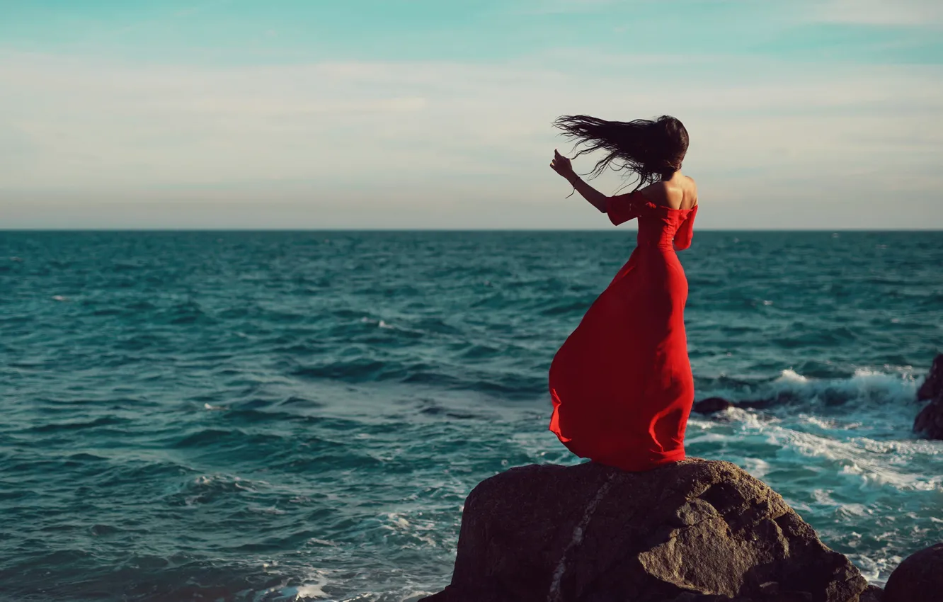 Photo wallpaper sea, girl, rock, the wind, dress