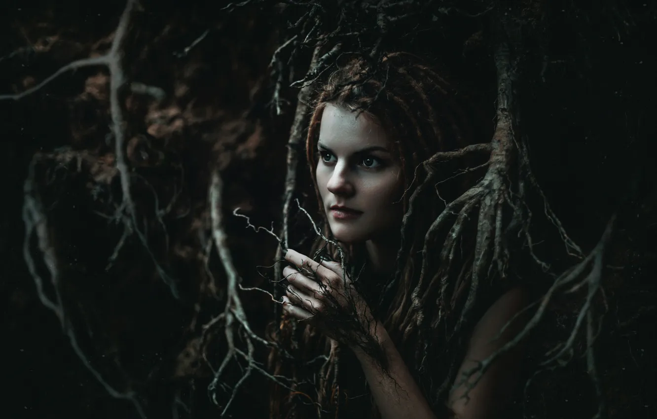 Photo wallpaper style, the dark background, Eva Wald, girl, branches, cosplay, forest