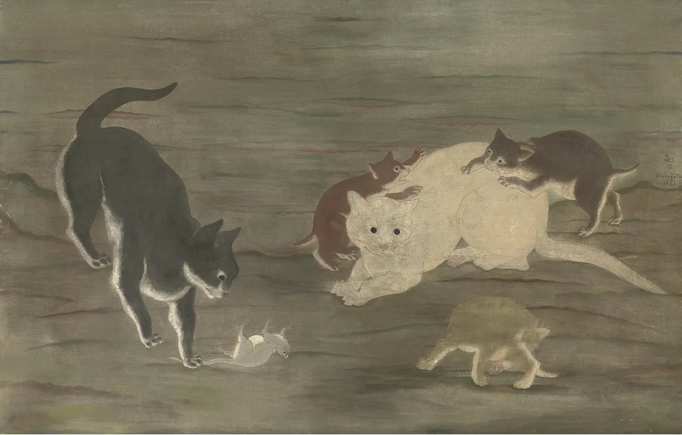 Photo wallpaper the game, hunting, kitty, 1924, Tsuguharu, Fujita, Cat and mouse