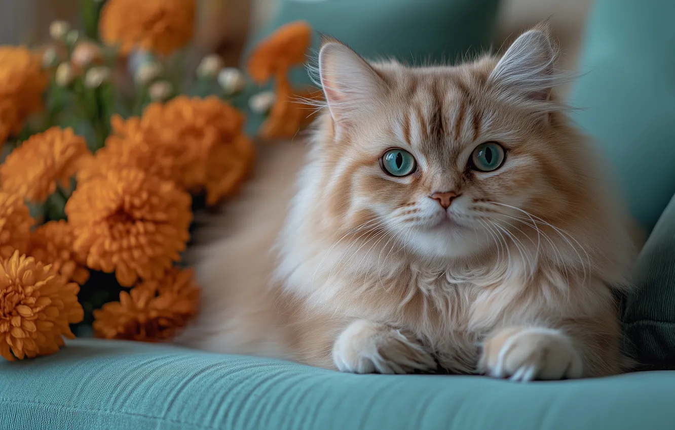 Photo wallpaper cat, cat, look, flowers, orange, pose, sweetheart, portrait
