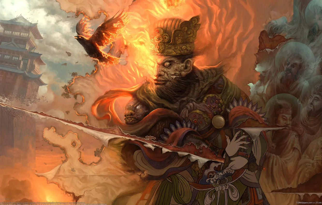 Photo wallpaper lights, bird, picture, sword, warrior, cuts, fabric