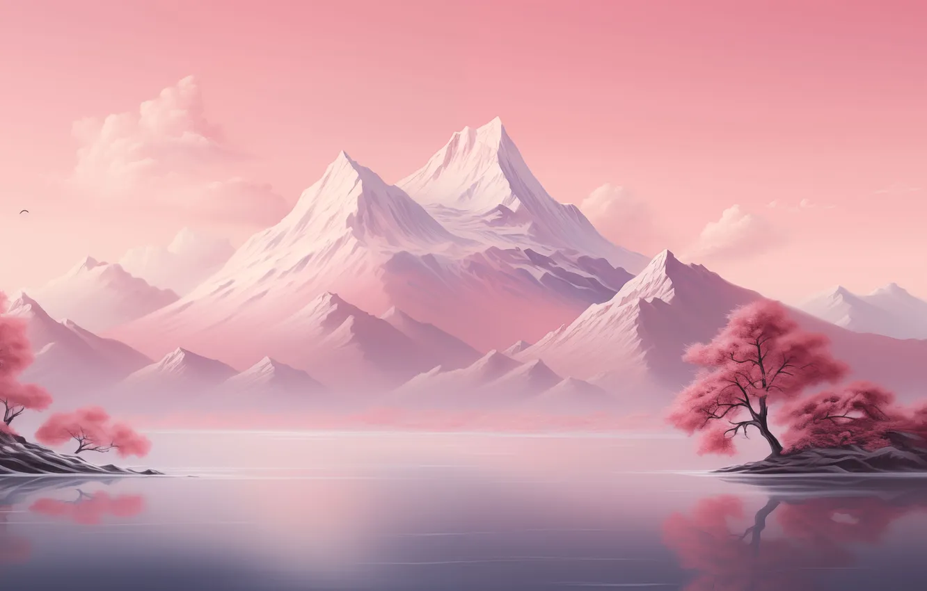 Photo wallpaper landscape, beautiful, mountains, flowering trees