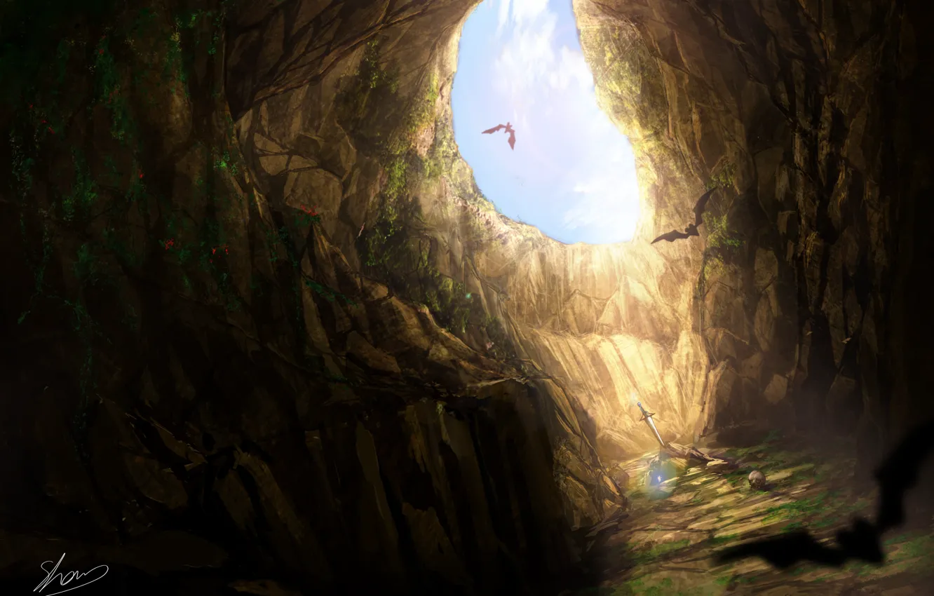 Photo wallpaper sword, cave, bats, in stone