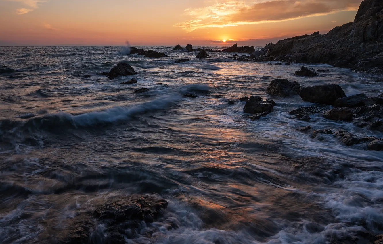 Photo wallpaper sea, wave, sunset, surf