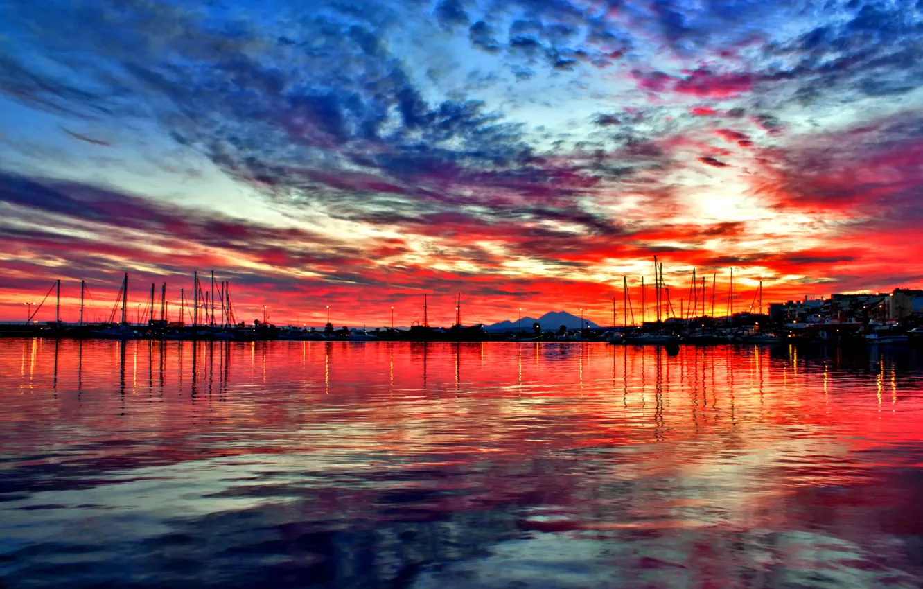 Photo wallpaper sea, the sky, clouds, sunset, mountains