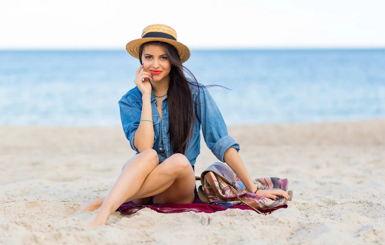 Photo wallpaper beach, stay, hat, legs, cute girl