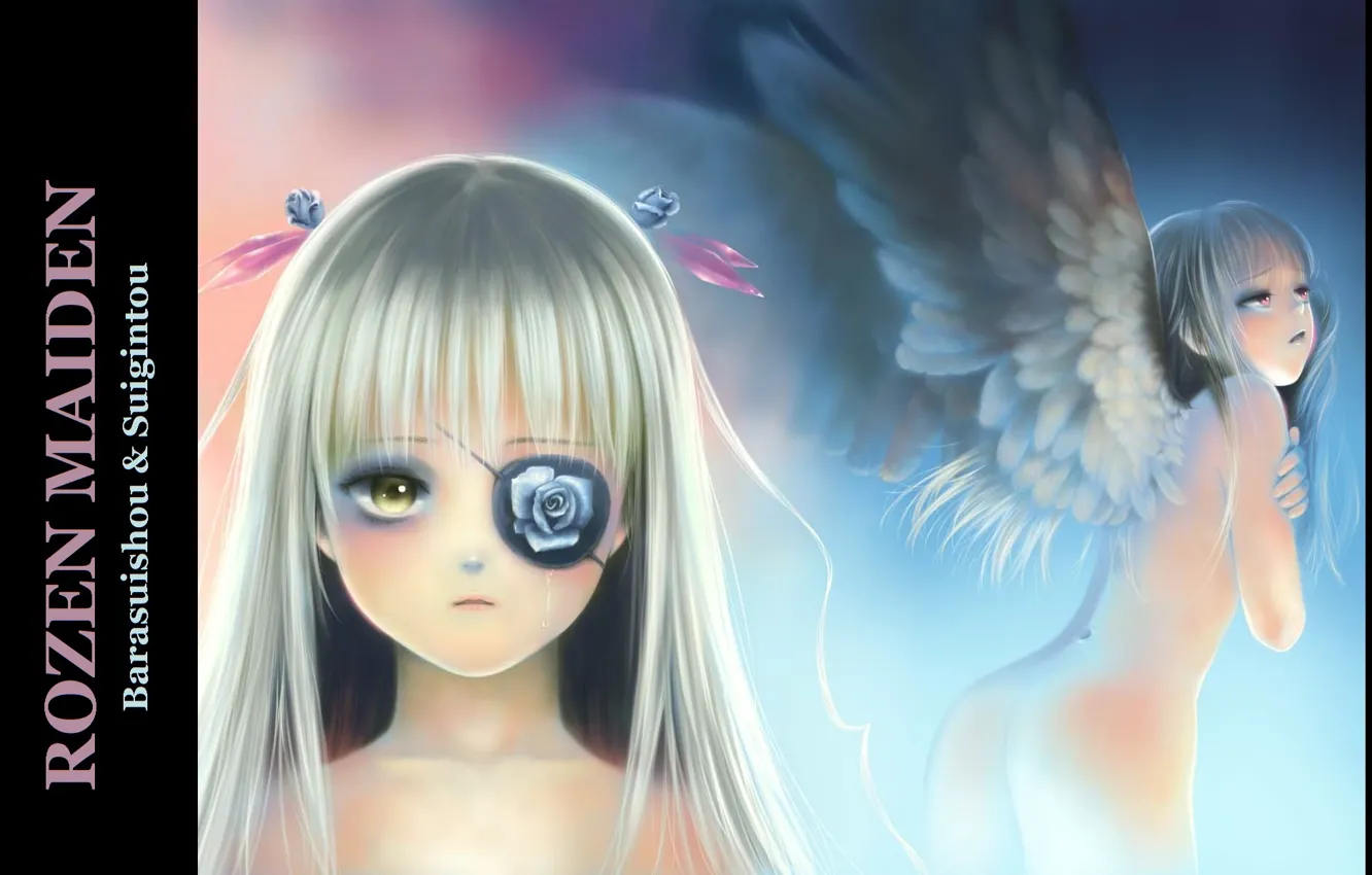 Photo wallpaper flowers, face, doll, tears, rozen maiden, suigintou, long hair, eye patch