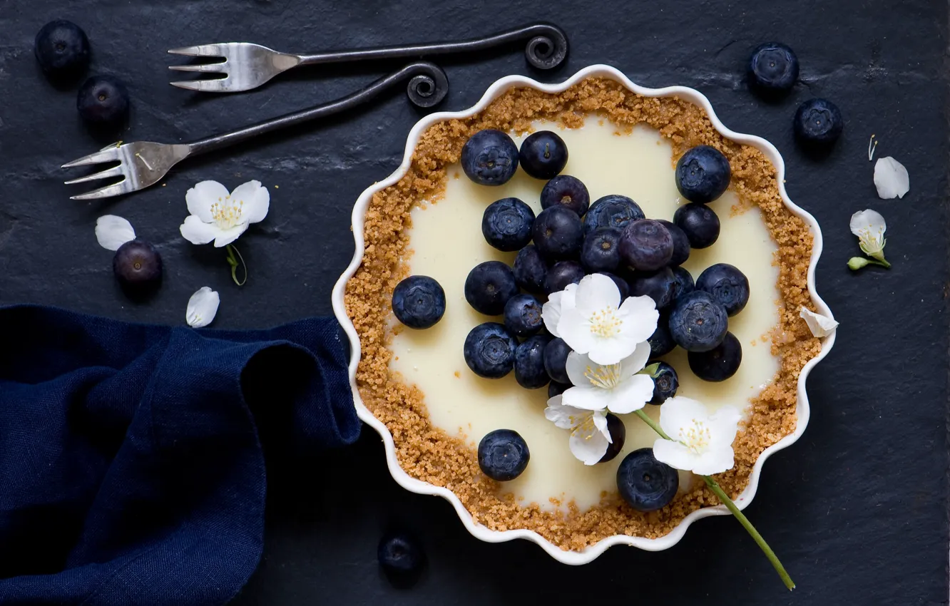 Photo wallpaper berries, pie, flowers, fork, blueberries, tart