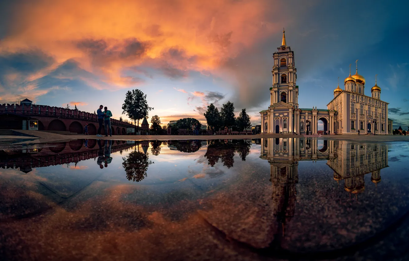 Photo wallpaper the city, reflection, the evening, puddle, temple, Tula