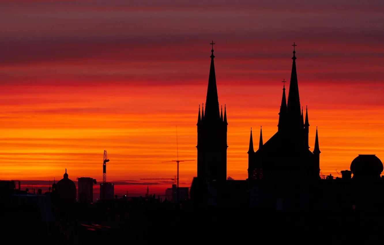 Photo wallpaper Austria, silhouette, Church, glow, spire, Vienna