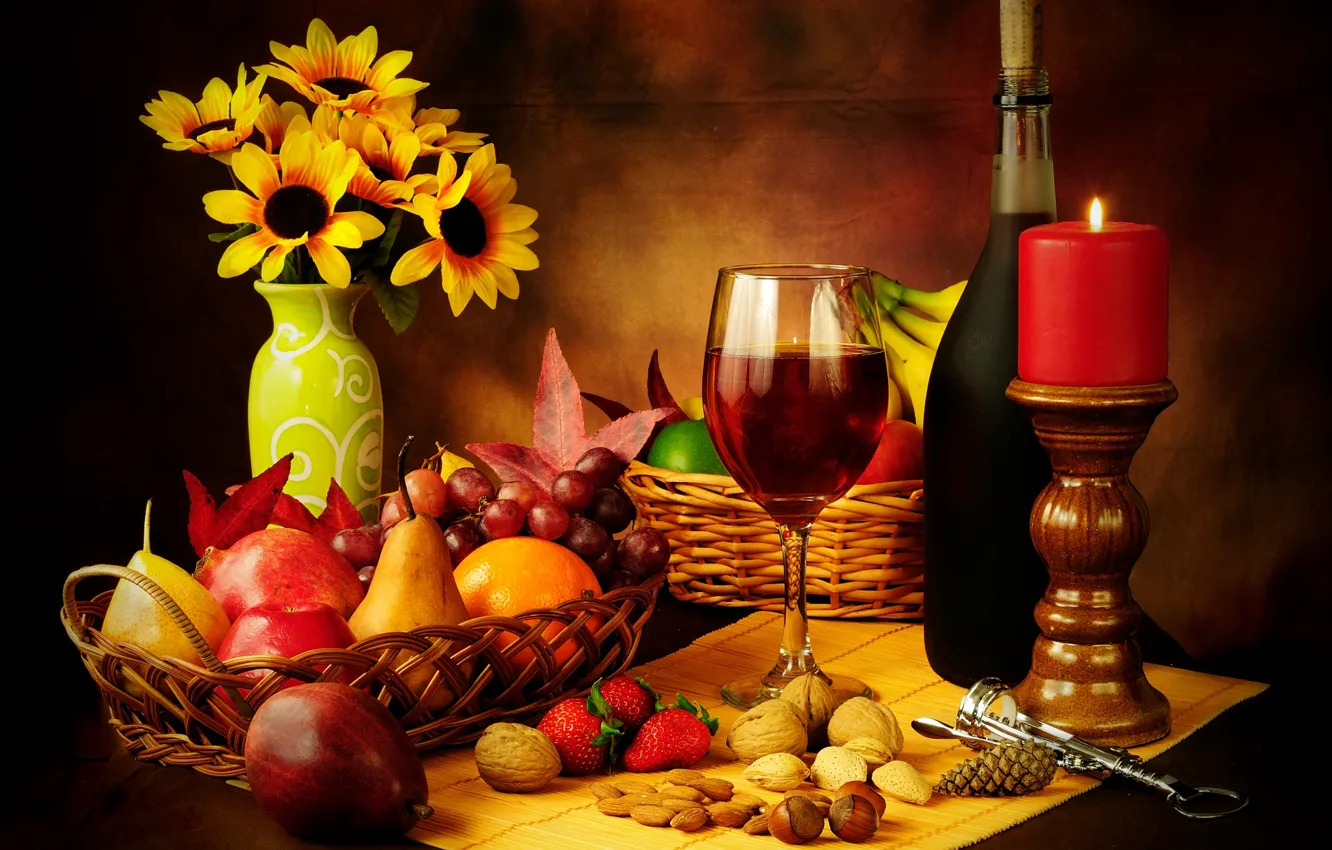 Photo wallpaper wine, red, basket, apples, glass, bottle, candle, strawberry