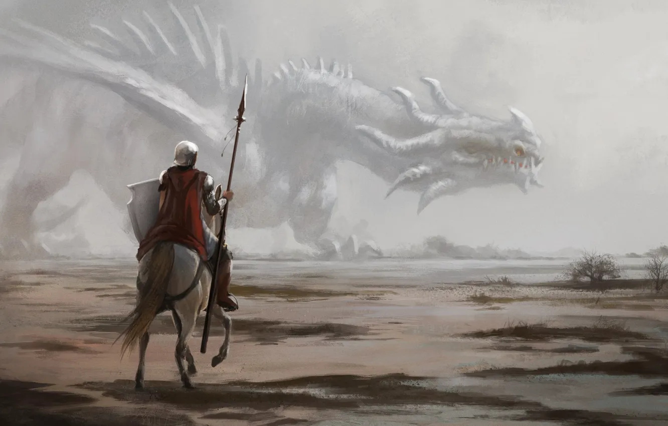 Photo wallpaper dragon, horse, warrior, spear
