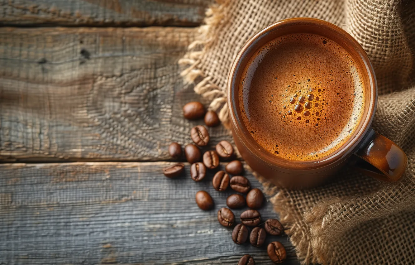 Photo wallpaper grain, wood, cup, beans, coffee, cozy, a Cup of coffee