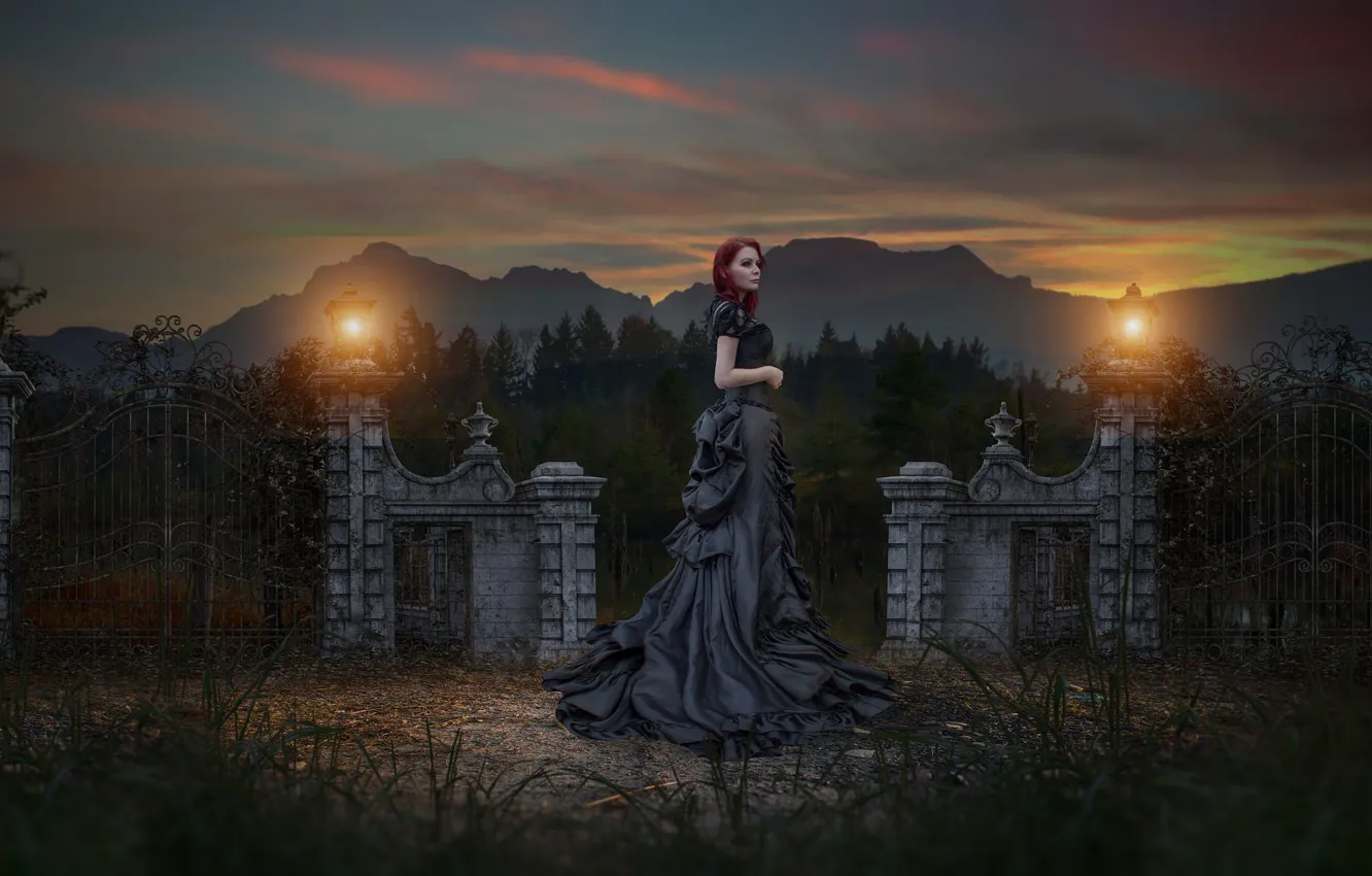 Photo wallpaper girl, lights, cemetery, alone, mourning