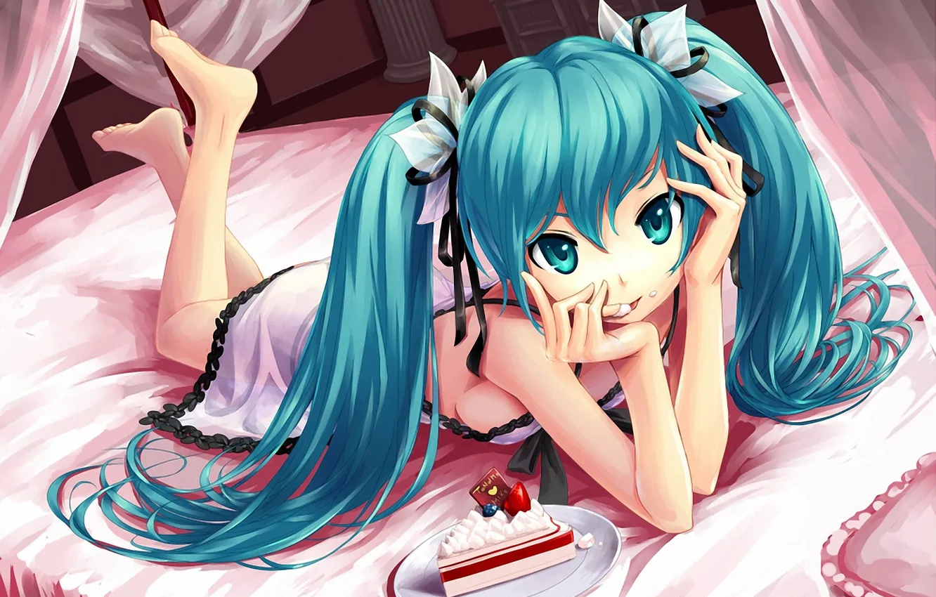 Photo wallpaper bed, art, girl, bed, cake, vocaloid, hatsune miku, cream