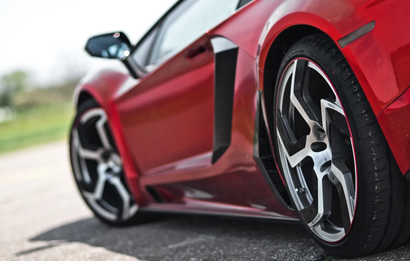 Photo wallpaper close-up, red, Lamborghini, wheel, supercar, drives, LP700-4, Aventador