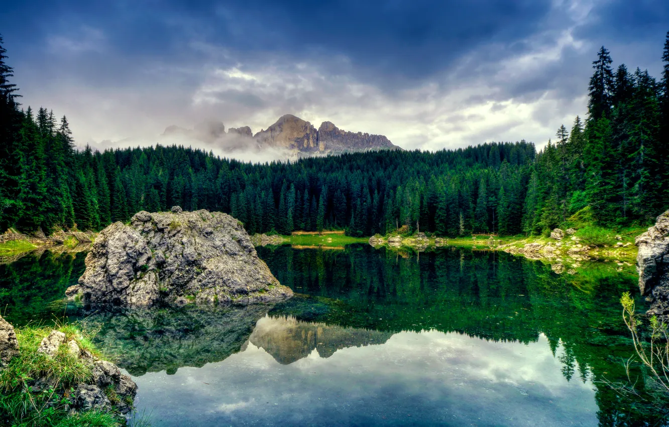 Photo wallpaper forest, the sky, clouds, mountains, nature, lake, rocks, photoshop