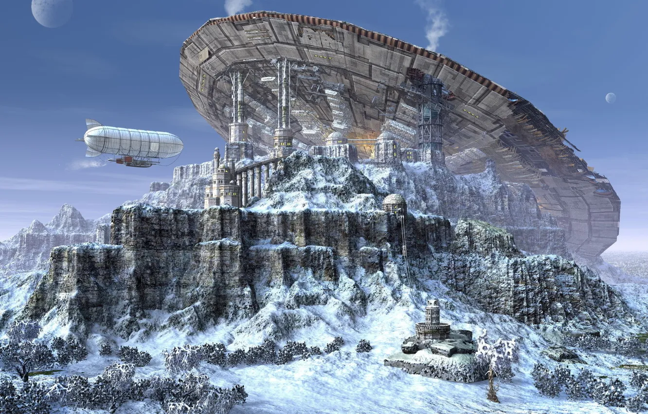 Photo wallpaper snow, rocks, planet, base, the airship